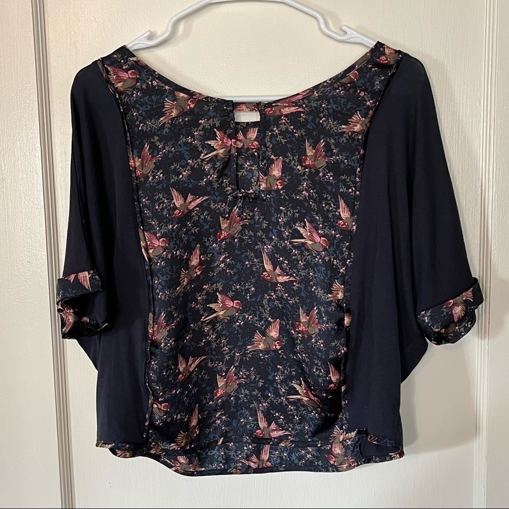 Anthropologie Tiny Floral Navy Bird Crop Top - Picture 6 of 12